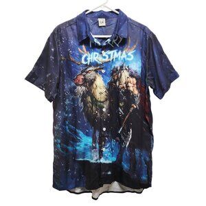 Hardaddy Mens Merry Christmas Button-Up Shirt Viking Reindeer Short Sleeve SZ L